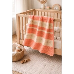 Handmade Crochet Coral Cream Striped Throw Blanket Boho Cottagecore Baby Coastal